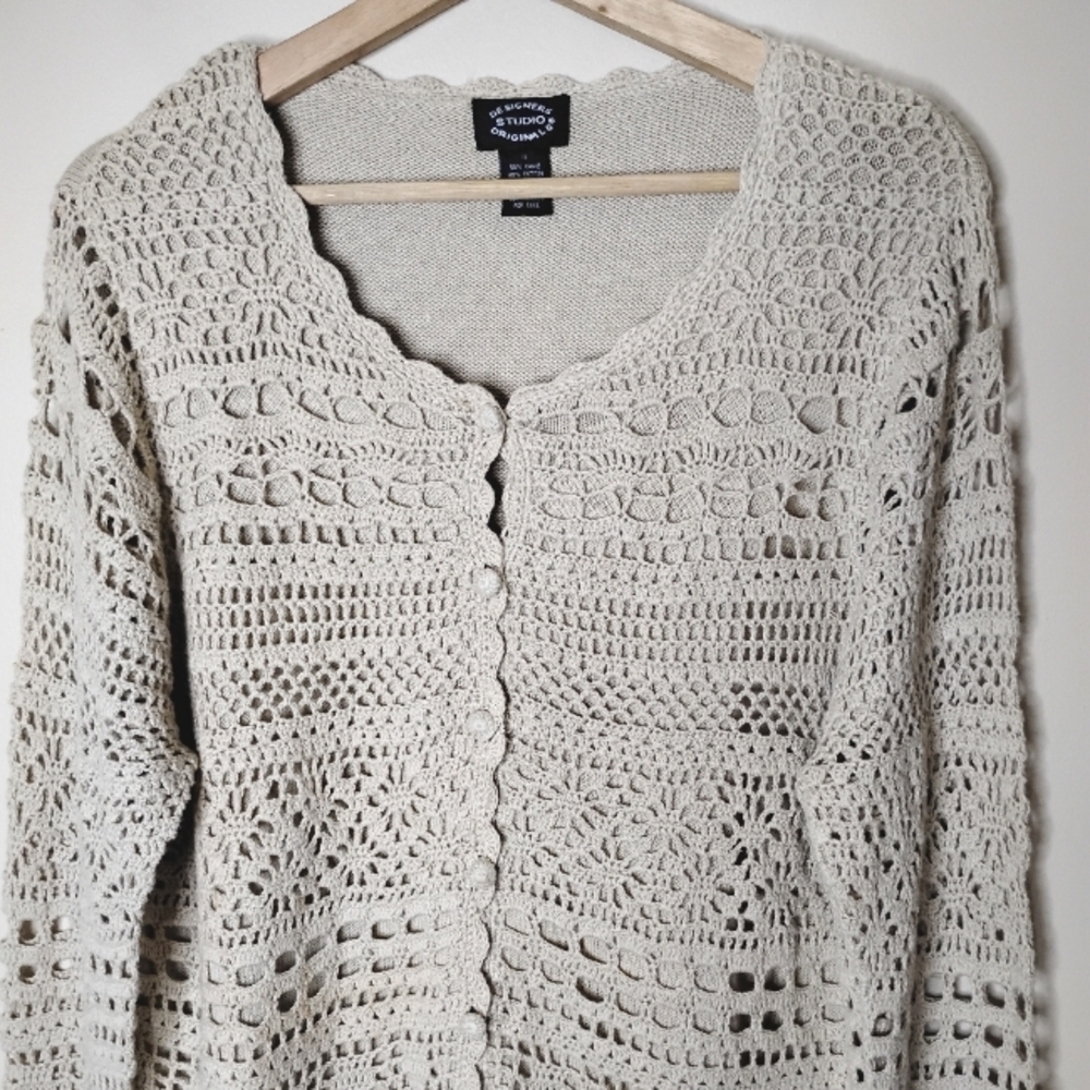 Designers Studio Tan Crochet Cardigan Sweater 1X - Picture 2 of 8